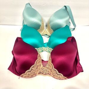 Soma Lace Trimmed Bra Set - Burgundy, Teal, and Light Blue 38C